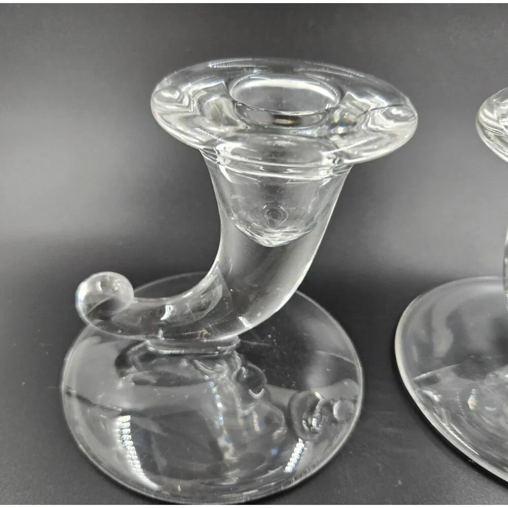 PAIR VTG New Martinsville Candle Sticks Clear Glass Crystal USA CORNUCOPIA STYLE